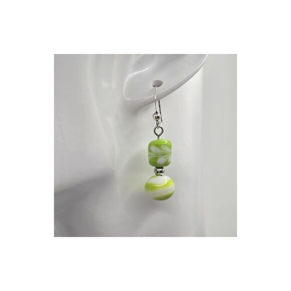 Artisan Pierced Glass Beaded Earrings Sterling Silver Green & White Geometric - Picture 3 of 6